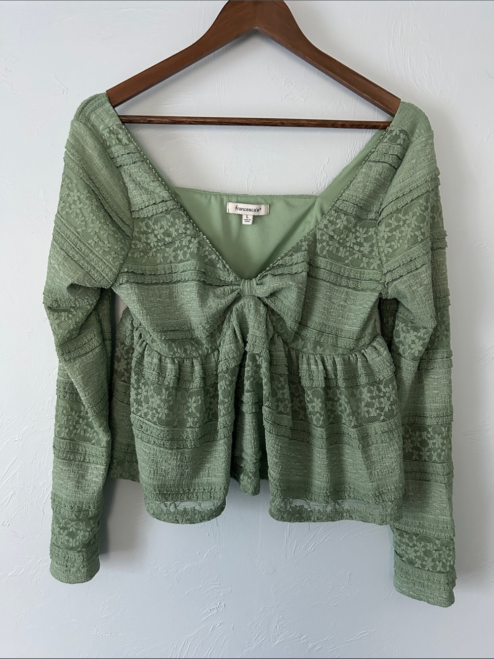 Francesca's Collections Sage Green Tie-Front Peplum Blouse w floral lace